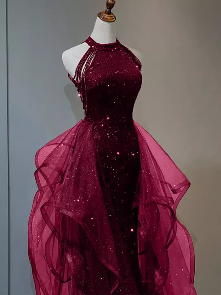 Burgund/Schwarz/Blau Glänzendes, figurbetontes, langes, elegantes Ballkleid mit Pailletten, Abendkleid gh3058