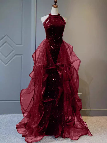 Burgund/Schwarz/Blau Glänzendes, figurbetontes, langes, elegantes Ballkleid mit Pailletten, Abendkleid gh3058