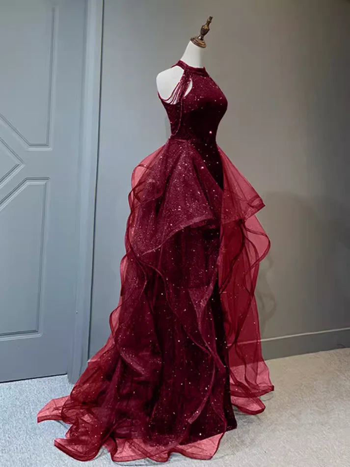 Burgund/Schwarz/Blau Glänzendes, figurbetontes, langes, elegantes Ballkleid mit Pailletten, Abendkleid gh3058