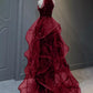Burgund/Schwarz/Blau Glänzendes, figurbetontes, langes, elegantes Ballkleid mit Pailletten, Abendkleid gh3058
