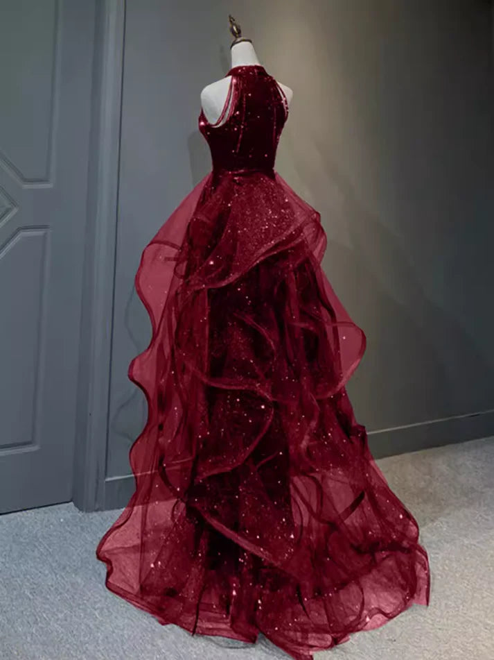 Burgund/Schwarz/Blau Glänzendes, figurbetontes, langes, elegantes Ballkleid mit Pailletten, Abendkleid gh3058