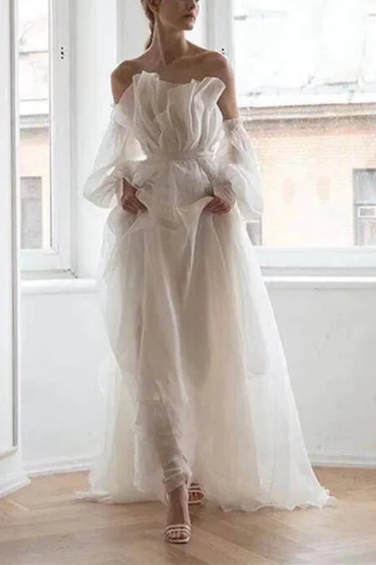 Girlhomeshops-Weißes, bodenlanges, feenhaftes Tüll-Brautkleid, Ballkleid gh5391