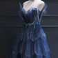 Blue gorgeous tulle beaded long A-line ball gown evening dress gh2105
