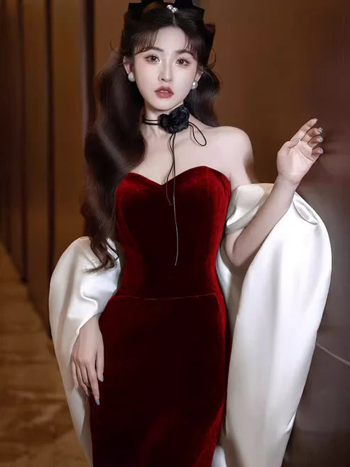 Burgundy Fashion Elegant Mermaid Off-shoulder Long Slim Velvet prom dress Evening Dress Party Dress gh3574