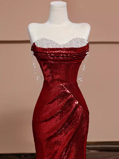 Burgunderrotes, wunderschönes, glänzendes, sexy Meerjungfrau-Pailletten-Abendkleid in langer, eleganter bodenlanger Ballkleid-Form gh3572
