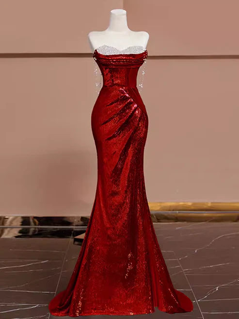 Burgunderrotes, wunderschönes, glänzendes, sexy Meerjungfrau-Pailletten-Abendkleid in langer, eleganter bodenlanger Ballkleid-Form gh3572