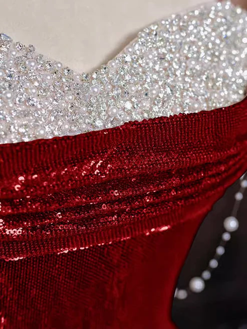 Burgunderrotes, wunderschönes, glänzendes, sexy Meerjungfrau-Pailletten-Abendkleid in langer, eleganter bodenlanger Ballkleid-Form gh3572