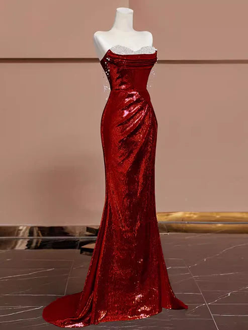 Burgunderrotes, wunderschönes, glänzendes, sexy Meerjungfrau-Pailletten-Abendkleid in langer, eleganter bodenlanger Ballkleid-Form gh3572