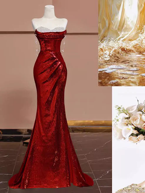 Burgunderrotes, wunderschönes, glänzendes, sexy Meerjungfrau-Pailletten-Abendkleid in langer, eleganter bodenlanger Ballkleid-Form gh3572