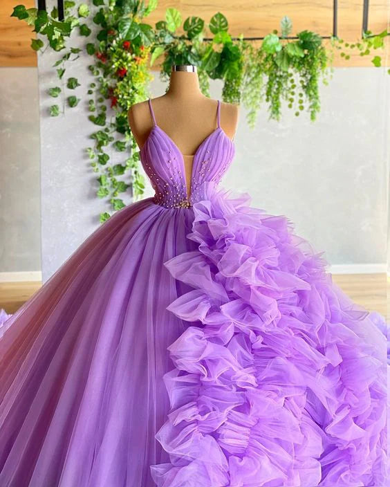 Lila wunderschöne Mode V-Ausschnitt Perlen lange Tüll bodenlangen Trailing Ballkleid Ballkleid Abendkleid Brautkleid gh1803