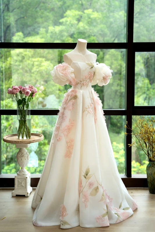 girlhomeshops - Vintage rosa-weißes 3D-Blumen-Abendkleid mit schulterfreiem Schnitt im Waldstil gh6033