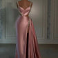 Rosa wunderschöne glänzende V-Ausschnitt modische exquisite Perlen Spaghetti-Trägern lange Satin sexy Ballkleid, Abendkleid, Partykleid gh3521