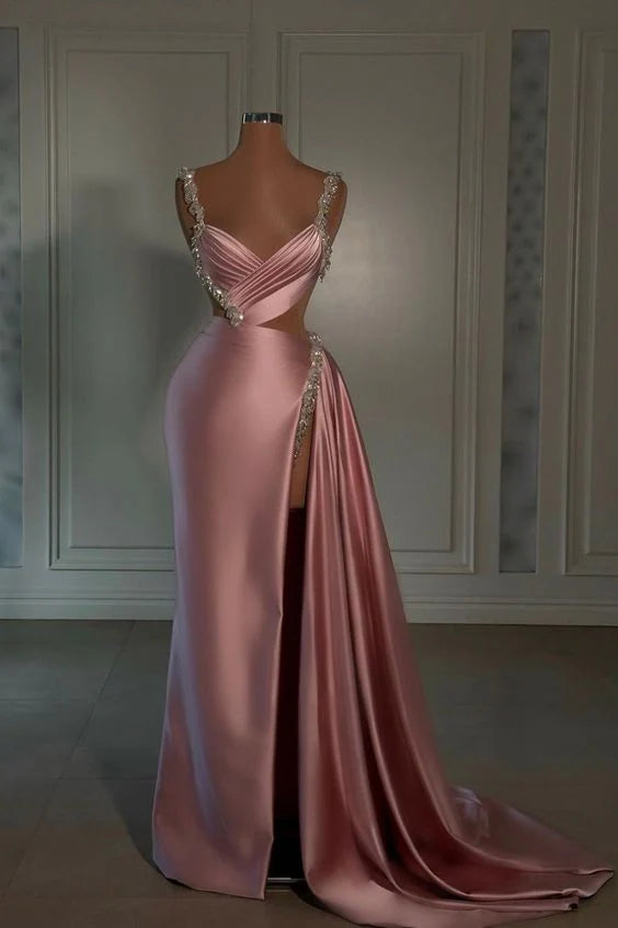 Rosa wunderschöne glänzende V-Ausschnitt modische exquisite Perlen Spaghetti-Trägern lange Satin sexy Ballkleid, Abendkleid, Partykleid gh3521