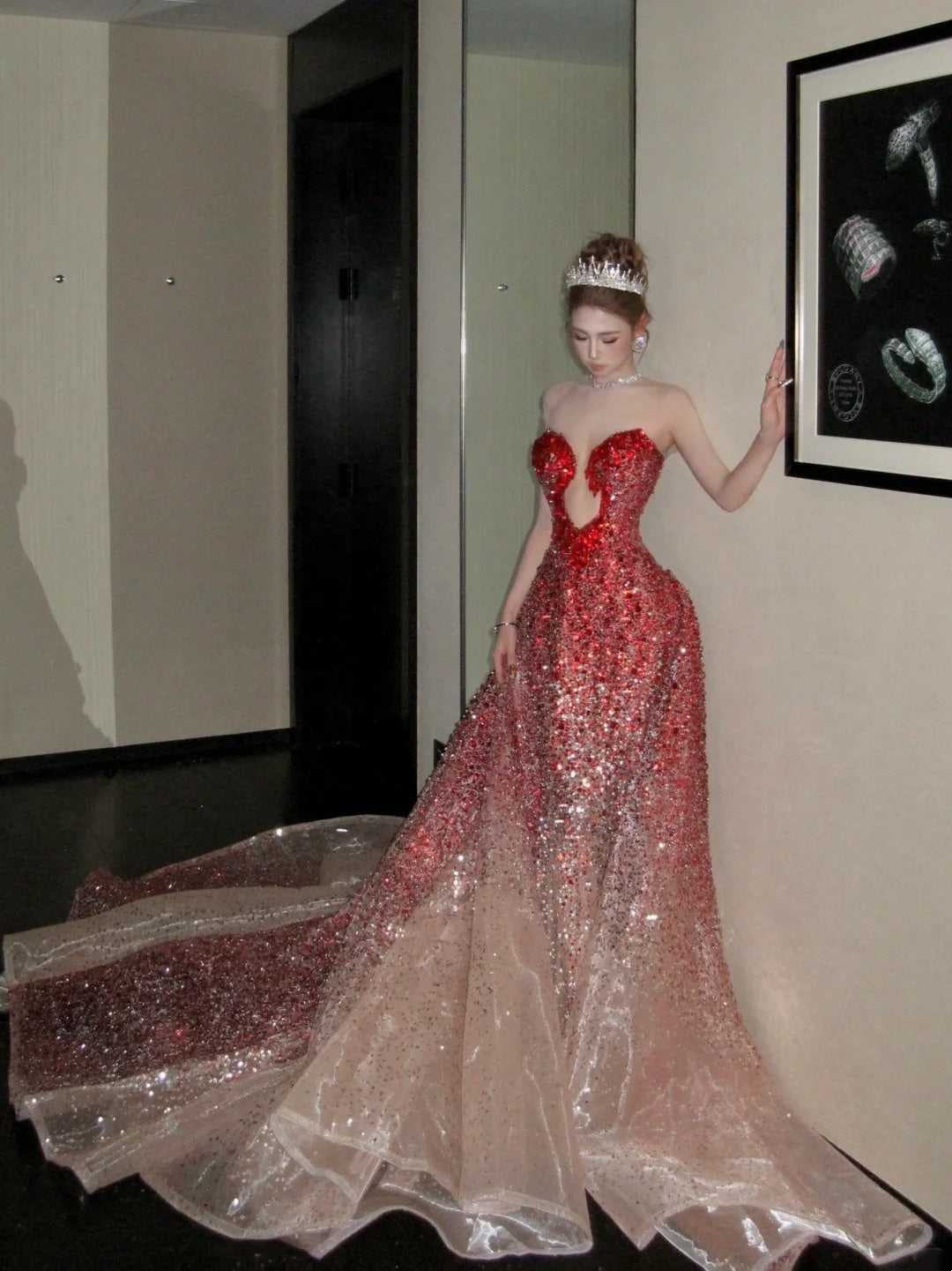 girlhomeshops- Red Divine Robe, Red Sparkle Waist Hip Ratio Mermaid Tail Dress gh6210