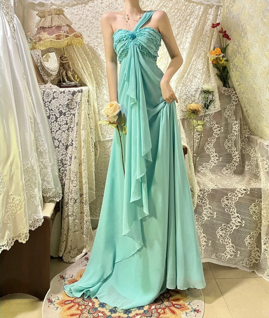 Robe de soirée longue en mousseline de soie, asymétrique, style vintage, vert menthe, motif floral, pour demoiselles d'honneur, gh4432