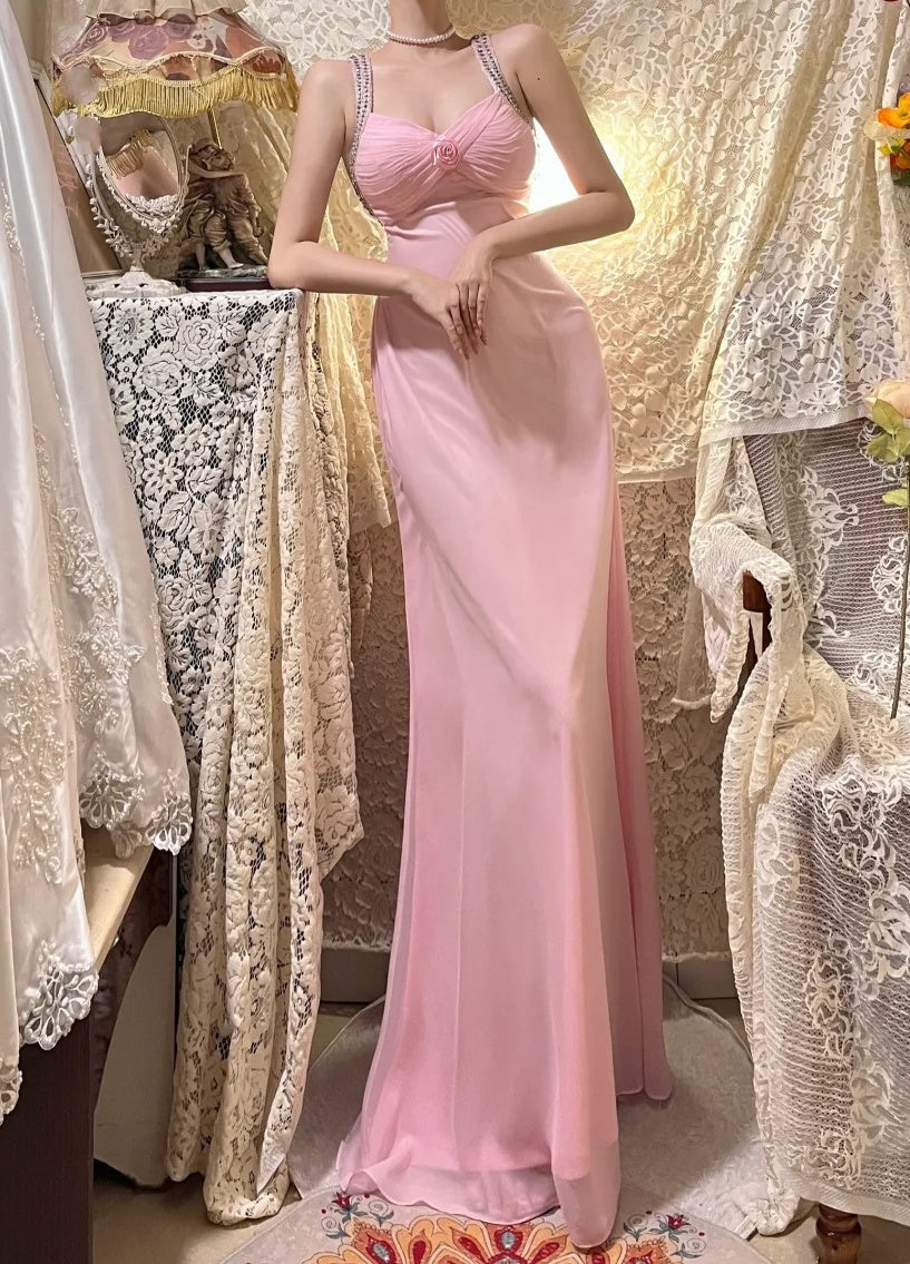 Rosa Blumen Perlen Lange Satin Tüll Ballkleid Abendkleid Partykleid gh4487