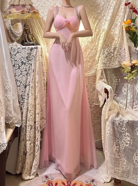 Rosa Blumen Perlen Lange Satin Tüll Ballkleid Abendkleid Partykleid gh4487