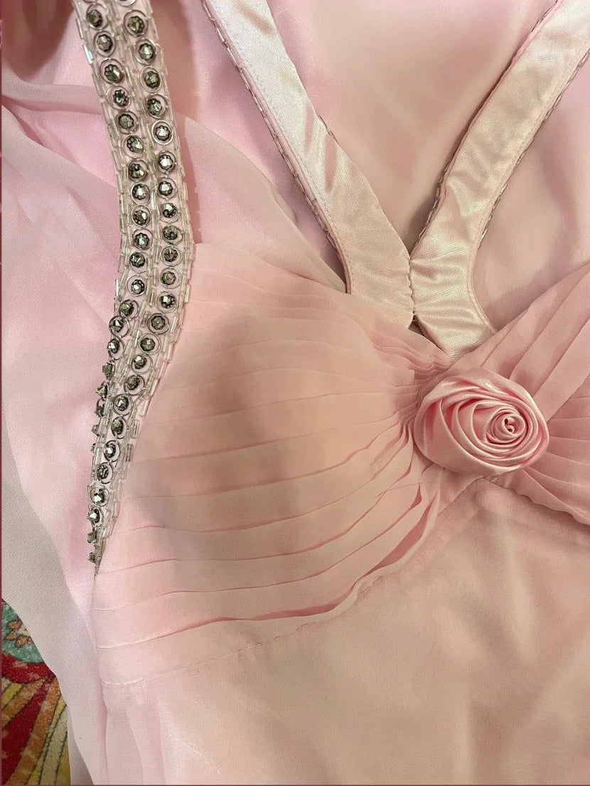 Rosa Blumen Perlen Lange Satin Tüll Ballkleid Abendkleid Partykleid gh4487