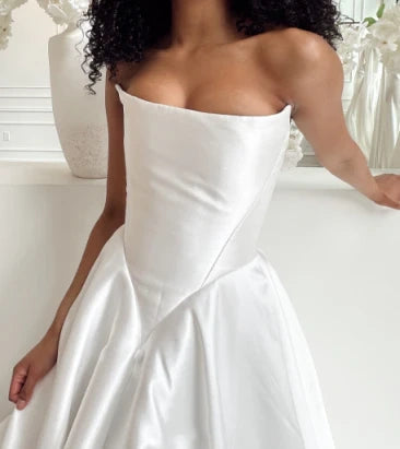 Girlhomeshops - Weißes Satin-Schulterfreies, langes, bodenlanges Brautkleid, Ballkleid gh5394