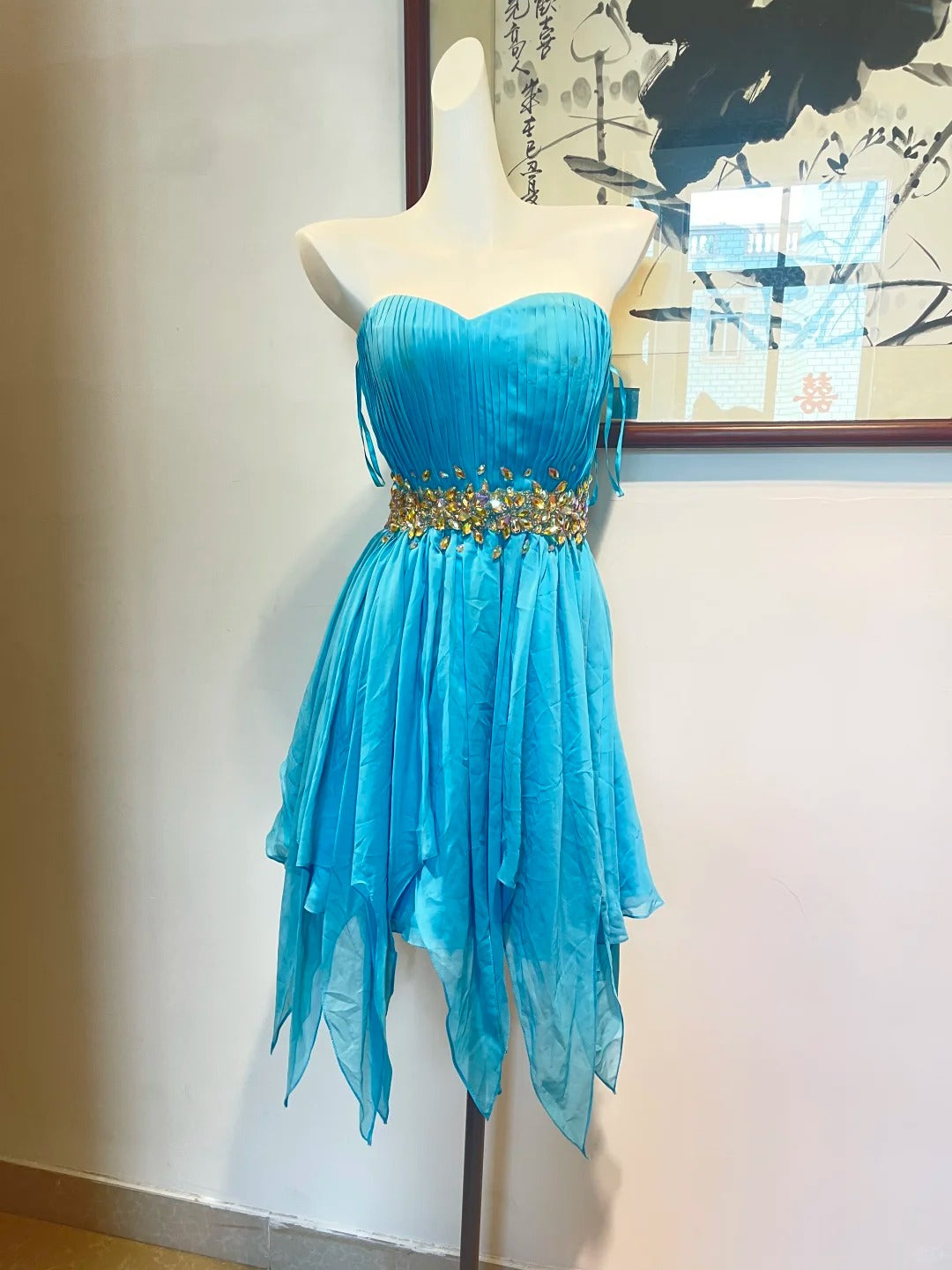 Blaues, modisches, kurzes Chiffon-Kleid mit Strasssteinen, für die Heimkehr, Geburtstagsparty, gh4943