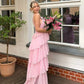 Rosa Neckholder-Mode Neckholder Rüschen Tiered Rüschen lange Chiffon Tüll Ballkleid Abendkleid Partykleid gh3100
