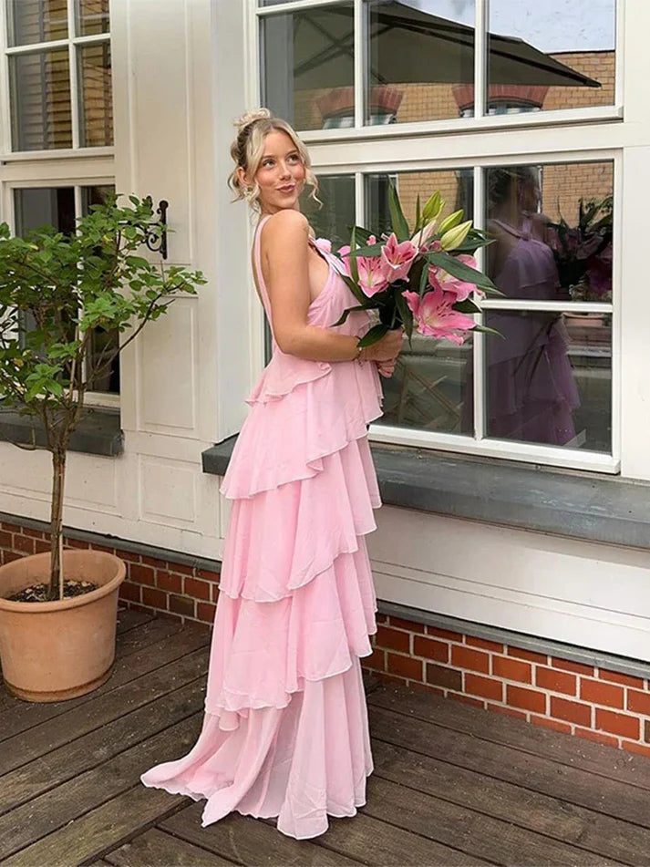 Rosa Neckholder-Mode Neckholder Rüschen Tiered Rüschen lange Chiffon Tüll Ballkleid Abendkleid Partykleid gh3100