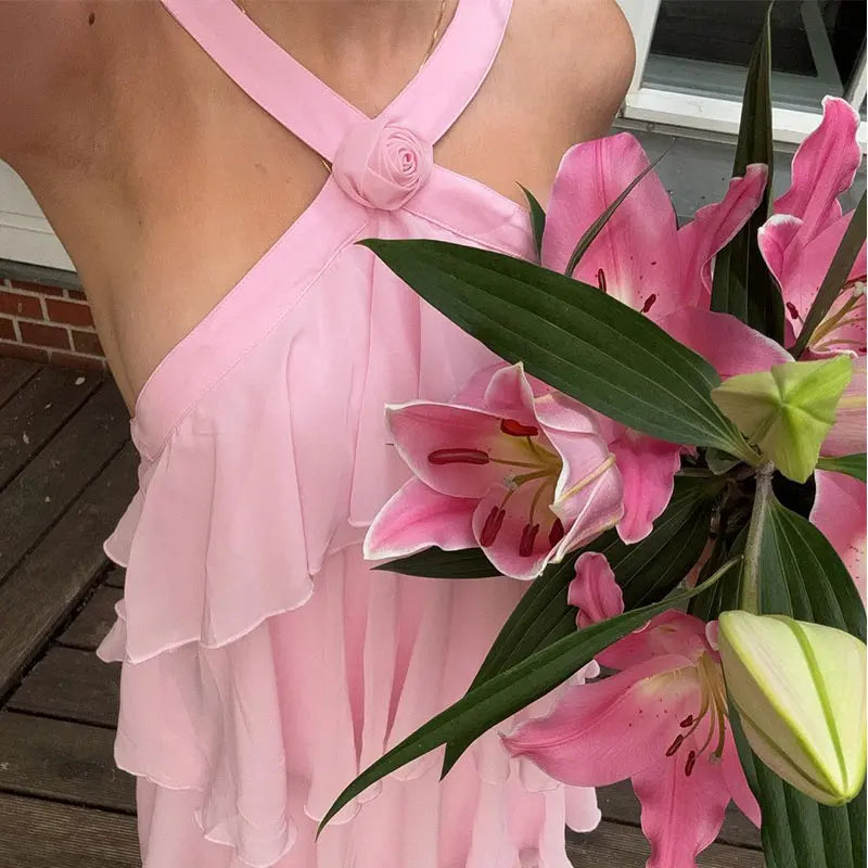 Rosa Neckholder-Mode Neckholder Rüschen Tiered Rüschen lange Chiffon Tüll Ballkleid Abendkleid Partykleid gh3100