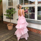 Rosa Neckholder-Mode Neckholder Rüschen Tiered Rüschen lange Chiffon Tüll Ballkleid Abendkleid Partykleid gh3100