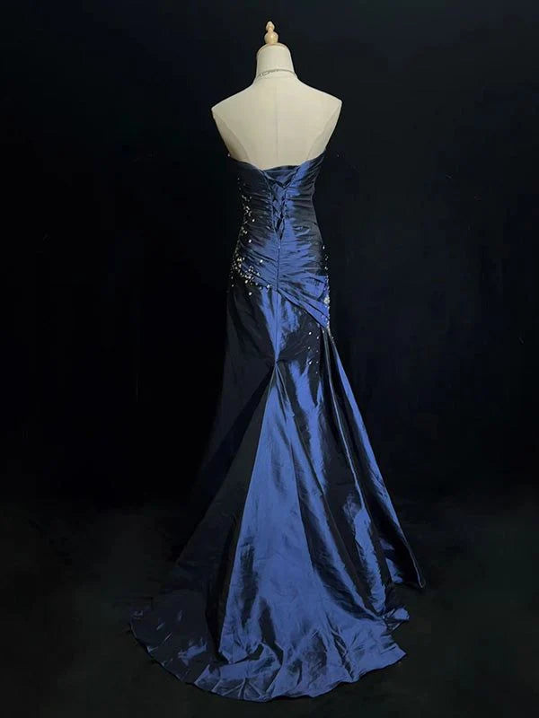 Robe de soirée longue en satin bleu marine, élégante et exquise, avec col en cœur et perles, sans manches, style sirène, gh3469