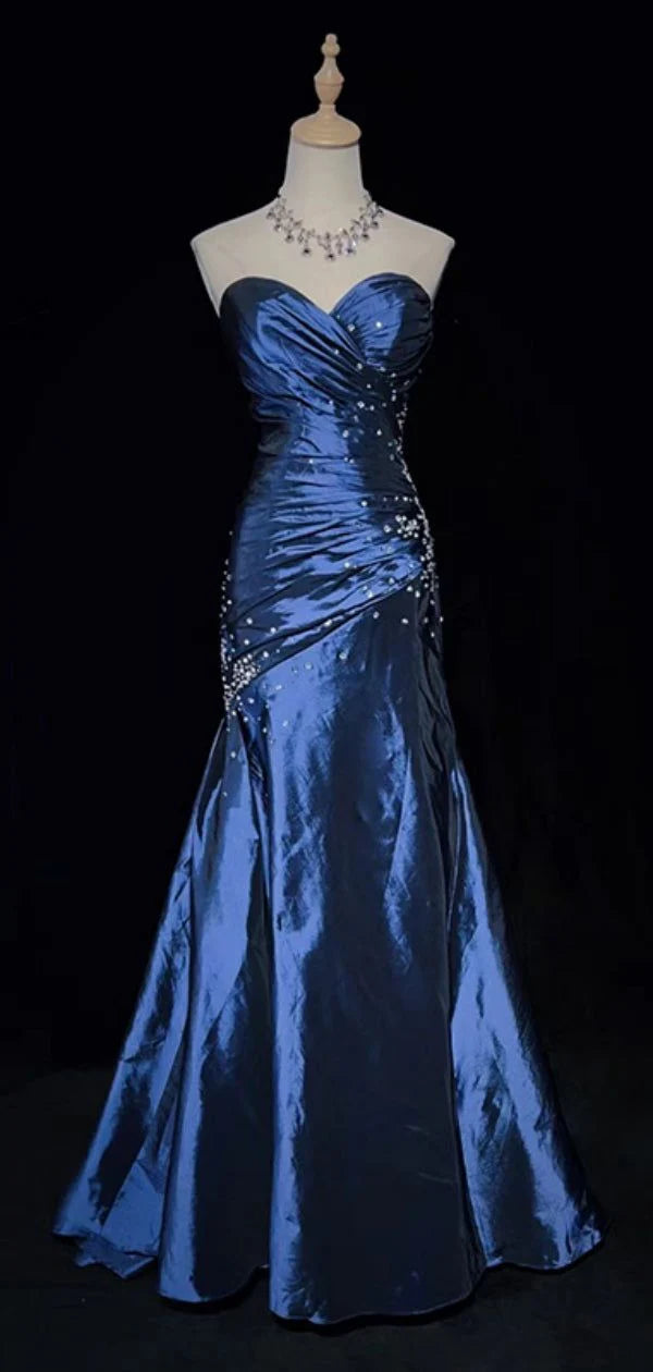 Robe de soirée longue en satin bleu marine, élégante et exquise, avec col en cœur et perles, sans manches, style sirène, gh3469