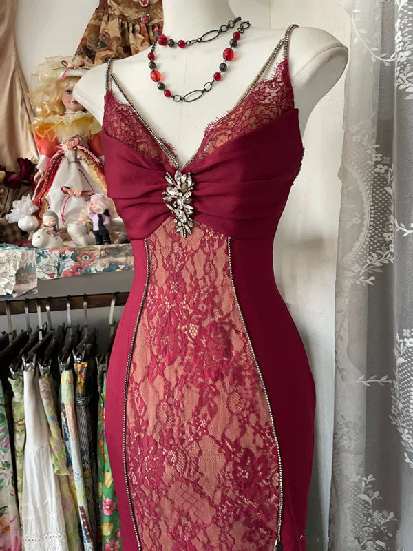 retro sexy dress Red retro sexy mermaid spaghetti straps exquisite lace long prom dress –  girlhomeshops