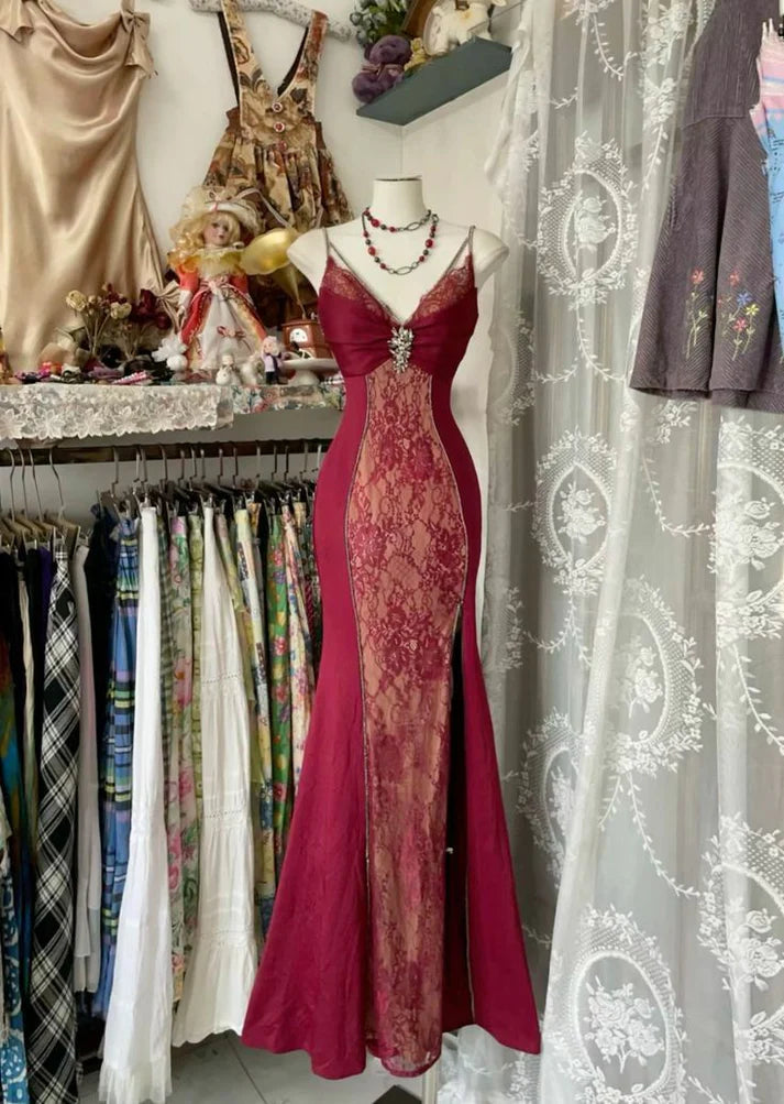Robe de soirée longue rouge rétro sexy sirène bretelles spaghetti exquise en dentelle robe de bal robe de soirée gh3177