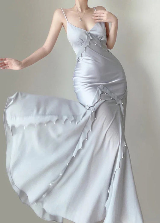 Silber Blau Vintage Mode Elegante Exquisite Perlen Meerjungfrau Spaghetti Strap Satin Langes Abendkleid Partykleid gh3684