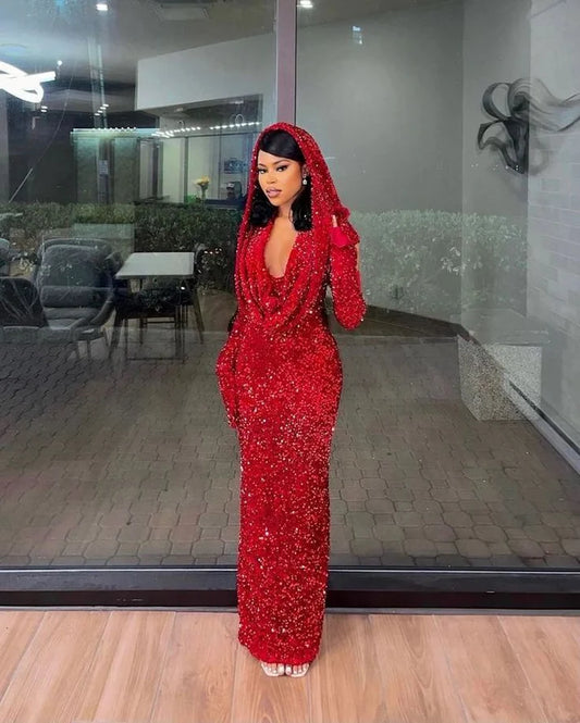 Red Shiny Pretty V Neck Long Bodycon Sexy Sequined Prom Dress Formal Evening Gown Party Dress gh3414