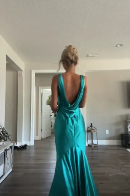 Blue Elegant V Neck Long Satin prom dress Evening Dress Wedding Guest Party Dress gh3343