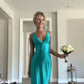 Blue Elegant V Neck Long Satin prom dress Evening Dress Wedding Guest Party Dress gh3343