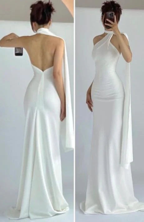 Weiß einfarbig elegante mode band einfache rückenfreie lange meerjungfrau bodenlangen ballkleid abendkleid partykleid gh3475