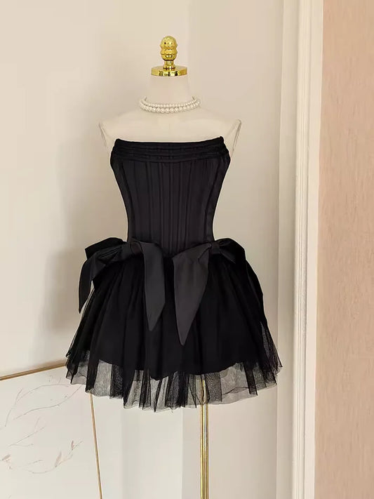 Black Sweet Cute A-line Off-shoulder Short Travel Holiday Dress Satin Birthday Dress Homecoming Dress Party Dress 11282