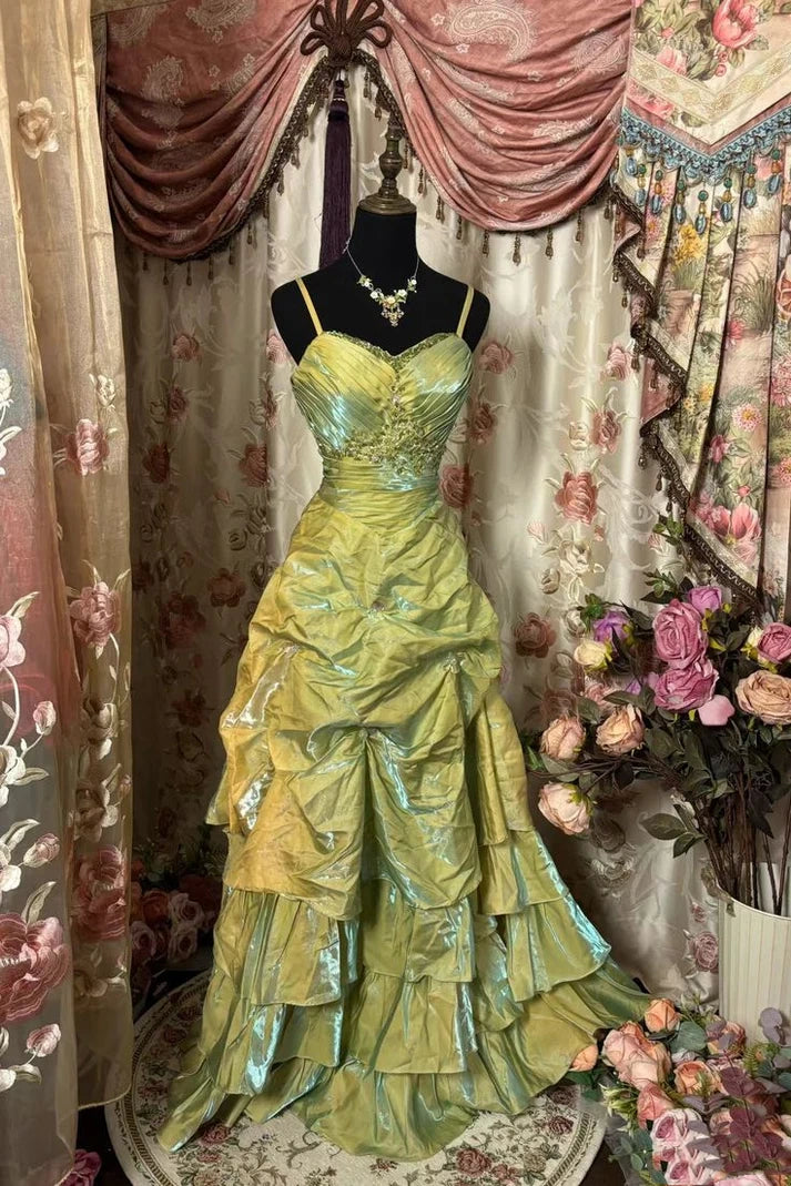 Robe de soirée longue en satin vert, magnifique, rétro, exquise, perlée, élégante, robe de bal, robe de remise de diplôme, robe d'anniversaire, gh3186