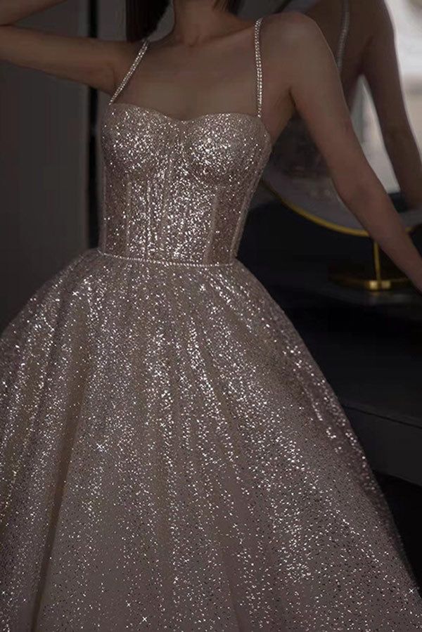 Champagner wunderschöne glänzende elegante Mode Spaghetti-Träger lange Pailletten Ballkleid, Abendkleid, Partykleid gh3520