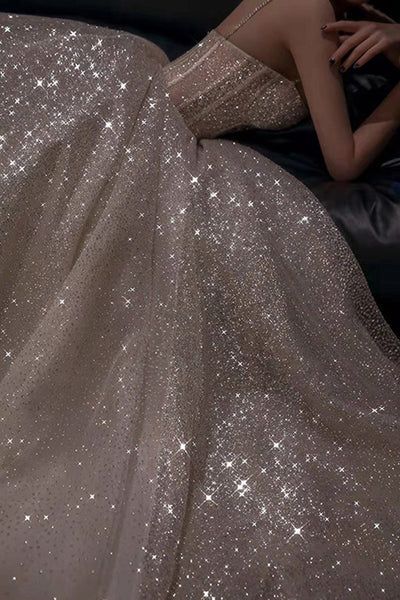 Champagner wunderschöne glänzende elegante Mode Spaghetti-Träger lange Pailletten Ballkleid, Abendkleid, Partykleid gh3520