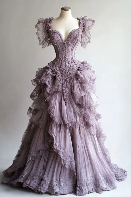 Lila wunderschöne elegante Mode exquisite Spitze lange Tüll Ballkleid Abendkleid Brautkleid gh3557