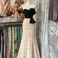 Robe de soirée longue en dentelle exquise à épaules dénudées noire et rose gh3384