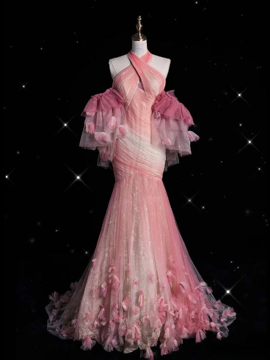 Rosa Retro Wunderschöne Mode Blumen Strap Lange Tüll Bodenlangen Meerjungfrau Schlank Fischschwanz Rock Ballkleid Abendkleid Ballkleid gh3619