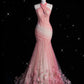 Pink Retro Gorgeous Fashion Floral Strap Long Tulle Floor Length Mermaid Slim Fishtail Skirt Ball Gown Evening Gown Prom Dress gh3619