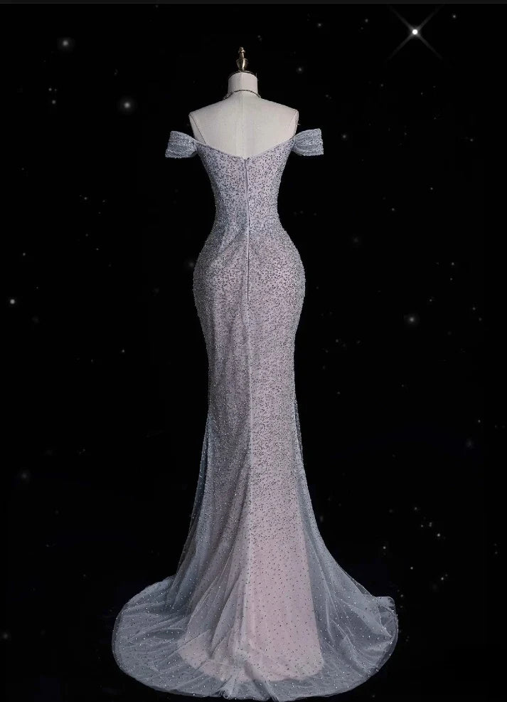Gorgeous Mermaid Off Shoulder Sequined Long Ball Gown Formal Evening Gown Wedding Dress gh4380