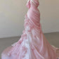 Wunderschönes, exquisites, florales Meerjungfrau-Kleid in Rosa, schmales, trägerloses, langes, bodenlanges Tüll-Ballkleid, Abendhochzeitskleid gh3396