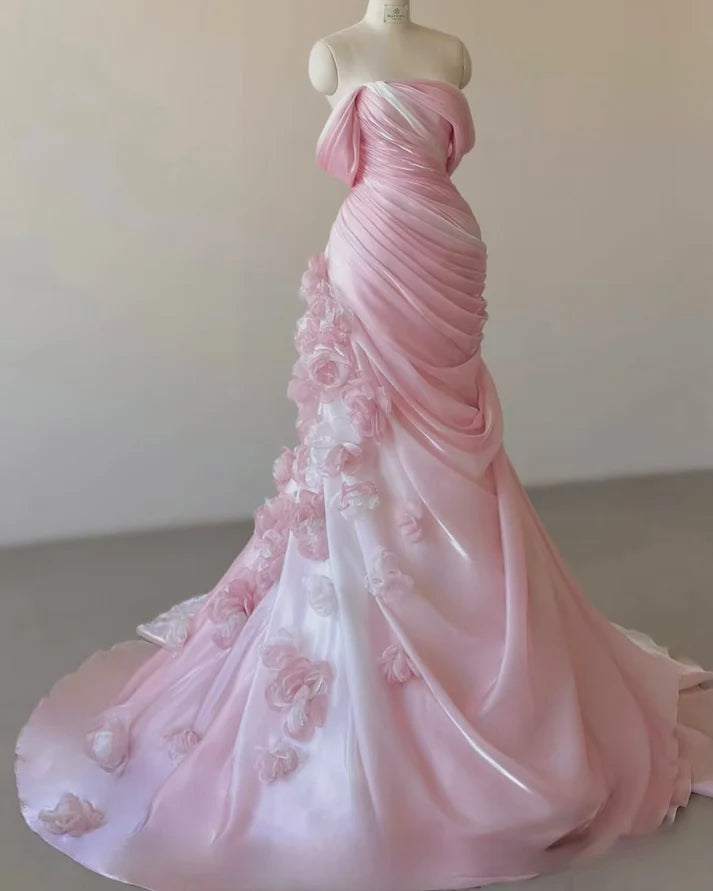Wunderschönes, exquisites, florales Meerjungfrau-Kleid in Rosa, schmales, trägerloses, langes, bodenlanges Tüll-Ballkleid, Abendhochzeitskleid gh3396