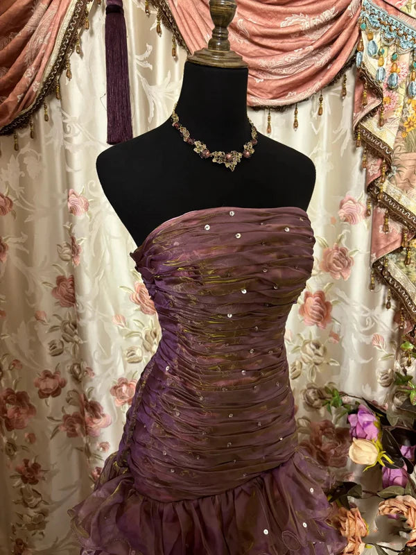 Robe bandeau à volants dégradée violette et marron : ornée de sequins, coupe sirène cintrée à la taille, robe maxi rétro élégante pour banquet (gh6589)