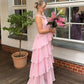 Rosa Neckholder-Mode Neckholder Rüschen Tiered Rüschen lange Chiffon Tüll Ballkleid Abendkleid Partykleid gh3100